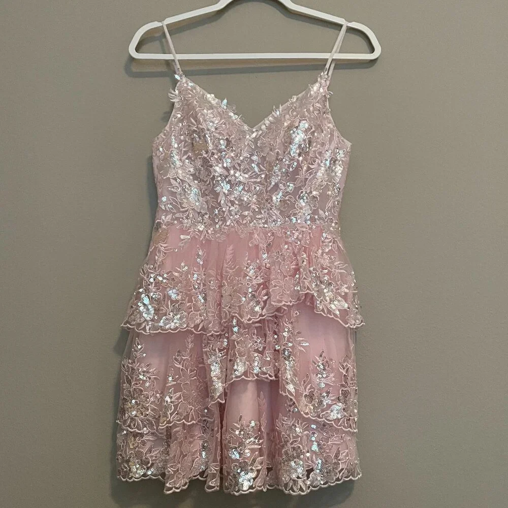 JJ'S HOUSE,  Size 0, short, LIGHT PINK, SEQUIN, HOMECOMING, PRINCESS DRESS - Picture 2 of 15